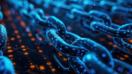 Blockchain technology concept. Close-up of blue digital blockchain links with binary code, representing cybersecurity, cryptocurrency and decentralized network.