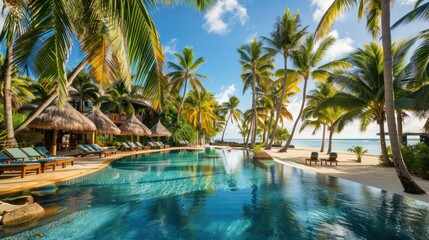 Wall Mural - Luxurious tropical resort with a pristine swimming pool, surrounded by palm trees and overlooking a tranquil ocean. Perfect for vacation, travel, and relaxation.