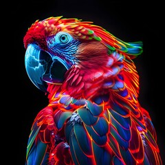 Sticker - Vibrant Neon Parrot with Glowing Feathers on Isolated Black Background