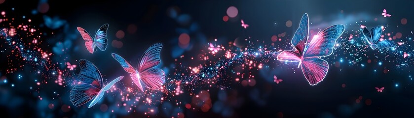 Sticker - Enchanting Neon Butterfly Swarm on Mysterious Black Background