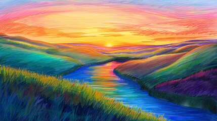 Wall Mural - A serene color pencil landscape featuring rolling hills, a calm river, and a vibrant sunset Copy space for text, sharp focus and clear light, high clarity no grunge, splash, dust, noise