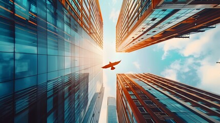 Wall Mural - Futuristic Office Building with Wings Soaring Over City Skyline,Symbolizing Mobility and Business