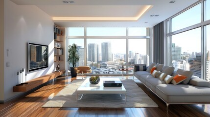 Modern luxury living room interior with panoramic city view. Concept of upscale apartment, real estate, and city living.