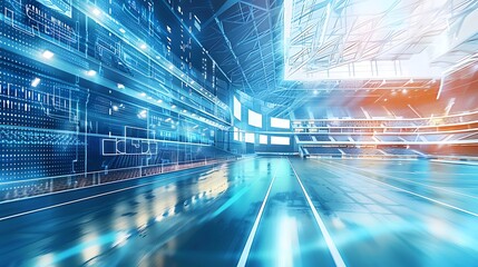 Wall Mural - a dynamic color pencil illustration of a high-tech sports complex, with advanced technology and digi