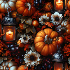 Wall Mural - Halloween seamless vector background with pumpkins, antique lanterns, berries and flowers. Vintage painting style.	