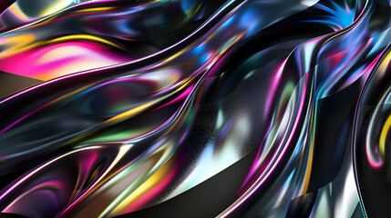 Wall Mural - 3D render of an abstract futuristic background with chrome metal curves and holographic rainbow colors on a black
