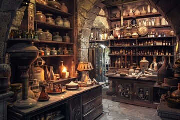 Cozy antique potion shop filled with bottles, jars, lamps, and mystic items, evoking a magical atmosphere