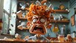 © artfulserenity8 - A cartoonish character with wild, orange hair and a frantic expression appears to be in a state of shock or anger, with pieces of debris flying around. The exaggerated features