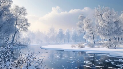 Canvas Print - Winter Wonderland. Serene Snowy Landscape with Frozen River and Frost-Covered Trees