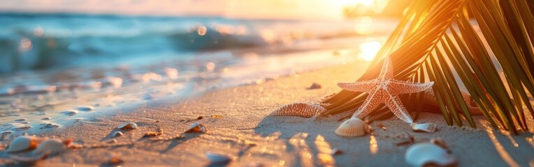 Tropical Beach Getaway: Starfish and Palm Leaves on Sunlit Sand