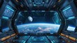 © Lisa_Art - Futuristic spaceship interior with view of Earth and Moon from space. Sci-fi spacecraft control room with large windows.