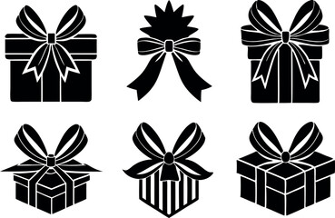 A set of gift boxes with ribbon silhouette white background, vector illustration.