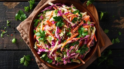 A fresh, vibrant coleslaw with a mix of shredded vegetables served in a wooden bowl, garnished with parsley on a rustic wooden table.