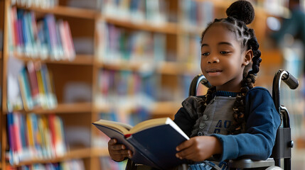 Wall Mural - Happy young disabled black school student in wheelchair reading a library book. African american child with disability learning. Inclusive 