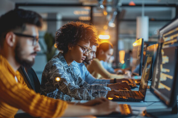 A group of developers men and women working together to program an e-commerce website.