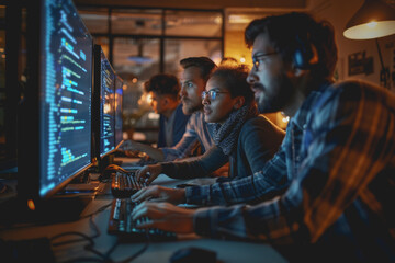 A group of developers men and women working together to program an e-commerce website.