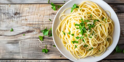 Wall Mural - Spaghetti Aglio Olio with Parsley on Rustic Wooden Surface A Top-Down View. Concept Food Photography, Italian Cuisine, Top-Down Shot, Rustic Setting, Spaghetti Aglio Olio