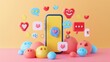 © Jojo - Vibrant 3D illustration of a social media platform on a smartphone, highlighting chat bubbles, hearts, and emojis