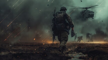 Soldier Advancing on Battlefield in Rain with Helicopter Overhead