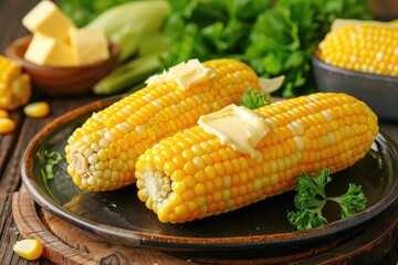 Wall Mural - Two buttery corn on the cob served on a rustic plate, garnished with parsley, showcasing fresh and delicious summer food.