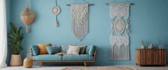 Blue textured concrete wall Boho chic interior design  a light s