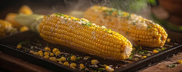 Wall Mural - Freshly grilled corn on the cob garnished with herbs and spices, steaming hot and ready to eat, served on a wooden board.