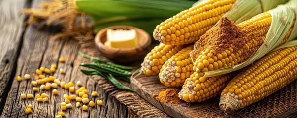 Wall Mural - Fresh corn cobs on a wooden table, ready to cook. Perfect for summer BBQ or agricultural themes. Vibrant yellow color and green husks visible.