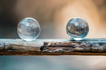 Two clear spheres are sitting on a wooden surface