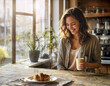 © rarrarorro - A young adult woman with wavy hair enjoying a cup of coffee at home in a sunlit kitchen. She is smiling and looking relaxed, creating a warm and inviting atmosphere.