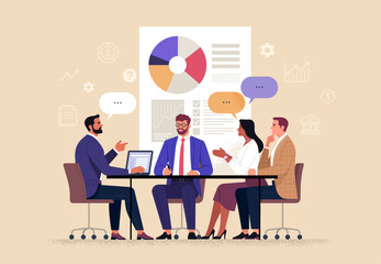 Fototapete - Business Discussion. Vector cartoon illustration in a flat style of a group of diverse people leading a discussion at a table near a whiteboard with charts and graphs. Isolated on background 