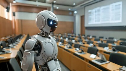 Poster - A white robot stands in a conference room with rows of empty seats and desks.