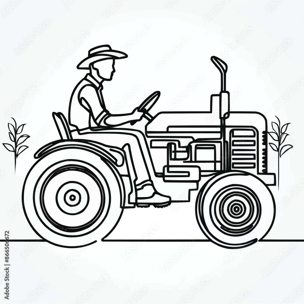 Continuous one line drawing of farmer's tractor. classic tractor ...