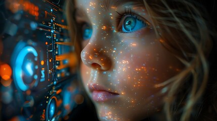 Wall Mural - Enchanted Wonder: A Child's Mesmerizing Gaze into the Digital Dreamscape