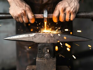 Blacksmith at work forging hot metal with a hammer on an anvil, sparks flying in the workshop.