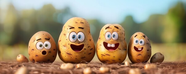 A cartoon illustration of a cheerful potato family with cute faces, adding a playful and whimsical touch.