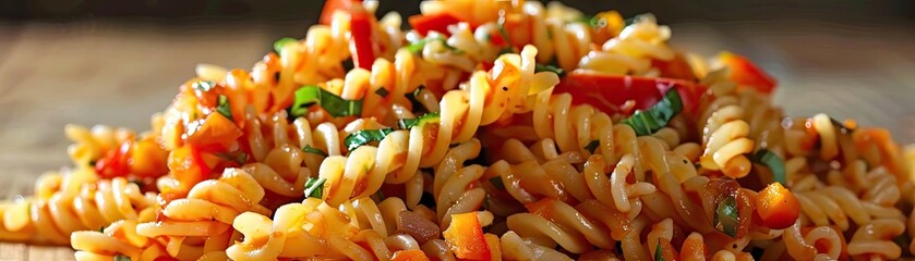 Close-up of a delicious fusilli pasta dish garnished with fresh vegetables and herbs, perfect for a healthy and vibrant meal.