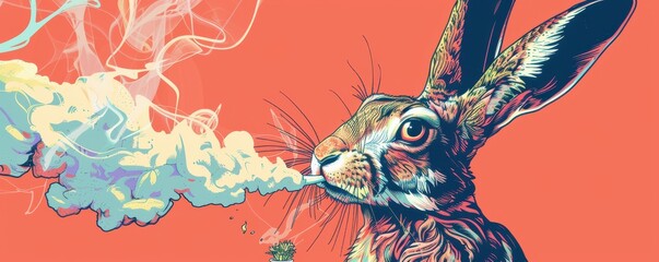 Wall Mural - An artistic depiction of a rabbit smoking a joint, blending elements of surrealism and humor in the illustration.