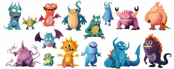 A collection of colorful and funny monster characters, each with unique expressions and features, perfect for children's illustrations.