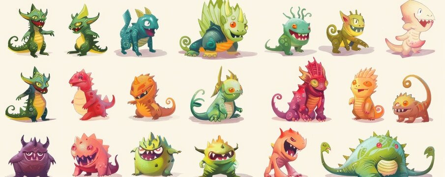 A collection of colorful and funny monster characters, each with unique expressions and features, perfect for children's illustrations.