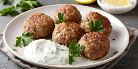 Wall Mural - Lebanese Kibbeh Served with Creamy Yogurt Sauce and Fresh Parsley garnish. Concept Lebanese Cuisine, Kibbeh Recipe, Creamy Yogurt Sauce, Fresh Parsley, Middle Eastern Food