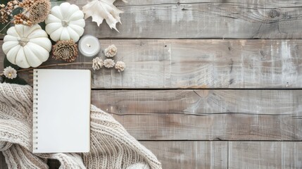 Fototapete - A white notebook sits on a wooden table with a white blanket and a few pumpkins. The scene is cozy and inviting, with the pumpkins adding a touch of autumnal charm