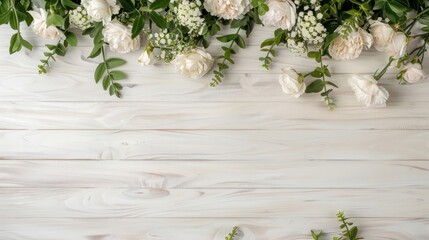 A white background with a bunch of flowers on it. The background is wooden and the flowers are arranged in a way that they are covering the entire background