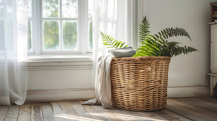 Wall Mural - interior room with wicker laundry hamper, potted fern plant, and open window