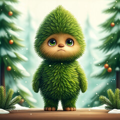 Cute, green, furry creature standing in the snow with pine trees and ornaments around it.
