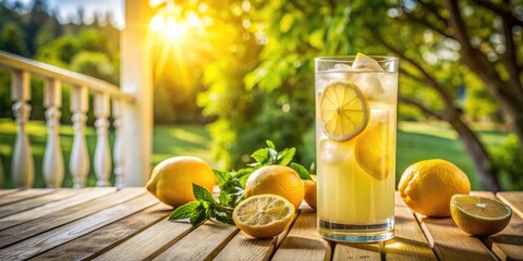 Poster - Sunlit glass of lemonade on a wooden porch.