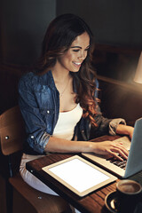 Wall Mural - Woman, writing and laptop at night in cafe, copywriter and online research for article deadline. Female person, tablet mockup and feature for project proposal, web planning and diner for remote work