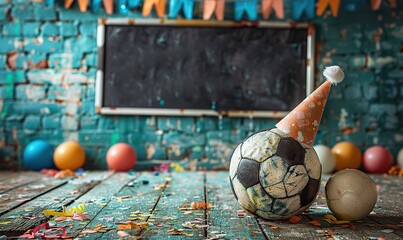 empty blackboard adorned with colorful flags and a soccer ball wearing a party hat stand ready for y