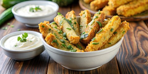 Wall Mural - Crispy zucchini fries with a side of creamy dipping sauce.