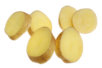 Wall Mural - Fresh raw potato slices flying isolated on white, clipping path