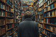 © Collorio - Young man with blonde hair explores vast library, surrounded by towering bookshelves. Concept of knowledge, learning, and intellectual curiosity.
